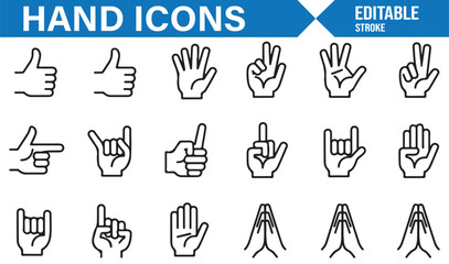 Hand Icons Set Featuring Thumbs Up, Peace, and Finger Gestures