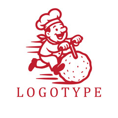 Playful red and white logo of a chef riding a giant meatball like a scooter, captured in a quirky, dynamic pose.