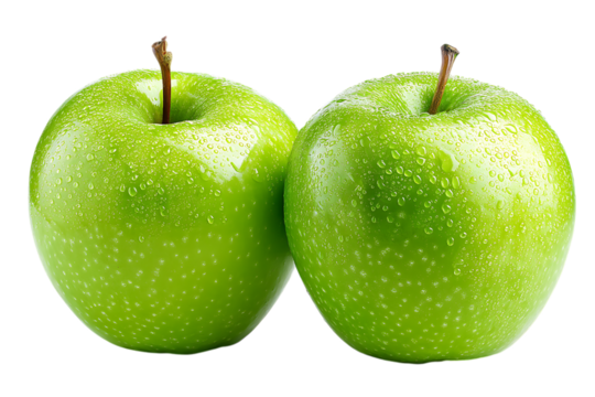 Two fresh vibrant green granny smith apples covered in water droplets isolated on white or transparent png, showcasing their natural texture and color