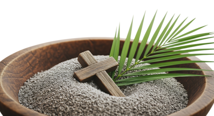 Wooden cross ashes palm frond isolated on a transparent background