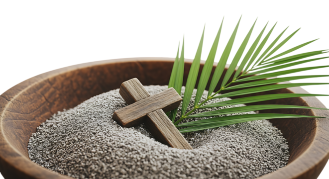 Wooden cross ashes palm frond isolated on a transparent background