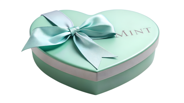 A green heartshaped gift box with a blue ribbon and bow, containing mint chocolates, isolated on transparent background