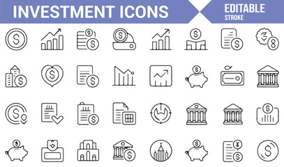 Investment Icons Set Featuring Charts, Currency, Bank, and Savings Symbols
