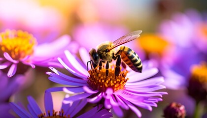 A detailed macro shot of a honey bee gathering nectar from a vibrant purple aster, bathed in warm, golden sunlight.