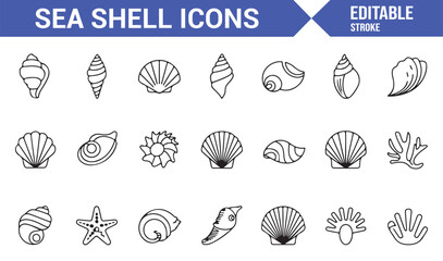 Collection of Sea Shell Icons Representing Underwater and Coastal Life