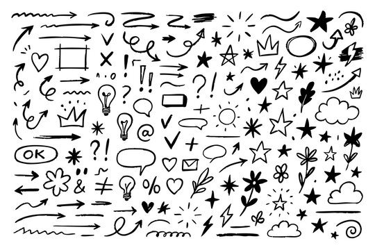 hand drawn black doodle elements collection on white background, sketch arrows, stars, flowers, symbols and scribbles for planner design, journaling, social media, creative projects