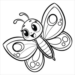 Black and white line art vector of a stylized butterfly with symmetrical wings featuring intricate geometric patterns, circular accents, and bold outlines, resulting in a clean and elegant design. 