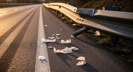 Damaged road barrier and debris on asphalt. Concept of a car accident on the highway. Roadside assistance and vehicle recovery service.