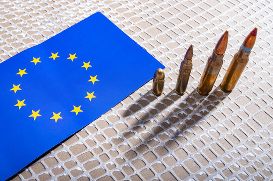 EU Flag with Ammunition European Defense and Arms Production Concept