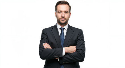 Confident businessman standing with arms crossed on white background  