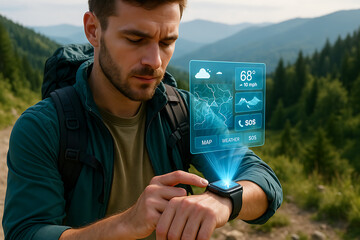 Hiker Checking Weather Conditions and Location with SOS Function on Holographic Smartwatch