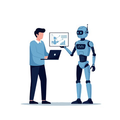 A human and a robot collaborate on data analysis, presenting graphical information.