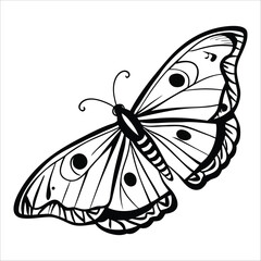 Black and white line art vector of a stylized butterfly with symmetrical wings featuring intricate geometric patterns, circular accents, and bold outlines, resulting in a clean and elegant design. 