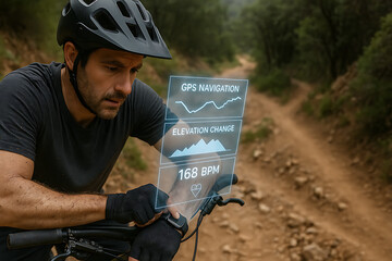 Mountain Biker Checking GPS Navigation and Heart Rate on Holographic Smartwatch