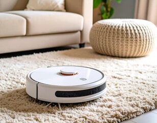 Smart robot vacuum on beige carpet in a living room