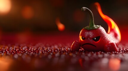 Angry Red Chili Pepper Character with Glowing Eyes on Seeded Sur