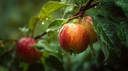 Red apple hanging on green tree branch