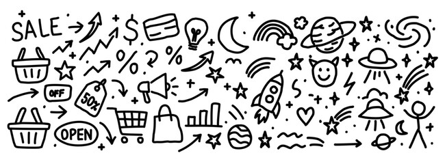 Hand-drawn doodle icons in black and white featuring shopping, sale, business, and space elements. Includes tags, carts, rocket, moon, graphs, and more in a fun sketch style.