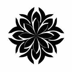 Black radial mandala design with solid fills and thick lines only, abstract flower shape, no writing or shading,flat white background