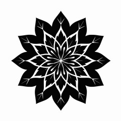 Obraz premium Black and white filled mandala with radial leaf patterns, no thin lines or gradients, centered and balanced on a white surface