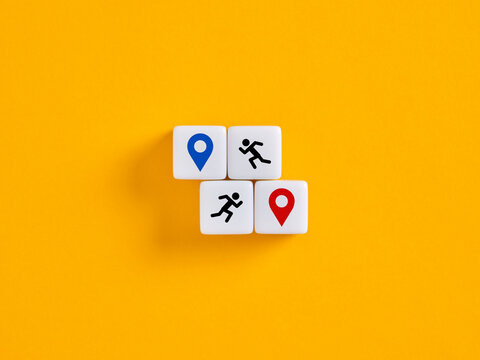 Running man reaching destination point on white dice over yellow background