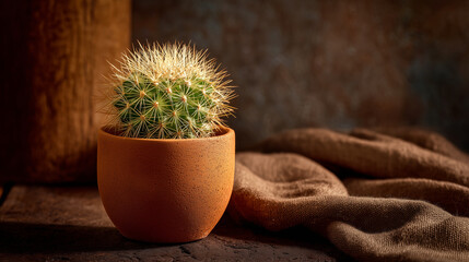Small cactus in clay pot on dark surface