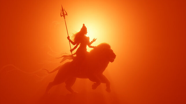 Navaratri Festival Banner, Goddess Durga with trishul riding lion, glowing aura - Powered by Adobe