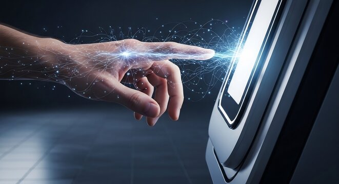 Futuristic human hand engaging with a modern digital screen, symbolizing future technology and interactive data connection - Powered by Adobe