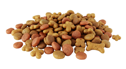 Close up of a pile of assorted shapes of dry dog food kibble    .ai generative, transparent background, white background. isolated on white background