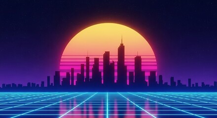 Neon cityscape sunset grid retro