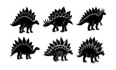 Silhouette illustration of six stegosaurus dinosaurs in different poses © SM