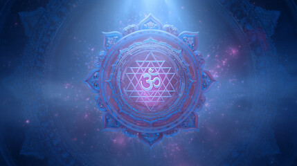 Navaratri Spiritual Background, sacred yantra symbol with glowing particles and om sign, 3d Blender Cycles render,
