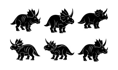 Six black triceratops dinosaurs in a pattern on a white background