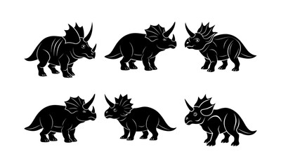 Silhouette illustration of six triceratops dinosaurs in black color