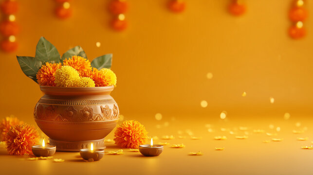 Nine Nights Festival Poster, decorative kalash with mango leaves, marigold garland and diya lamps