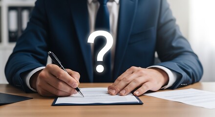 Man in suit writing with question mark image