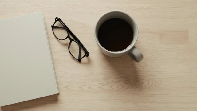 Desk view book, glasses, and coffee on a light wood surface