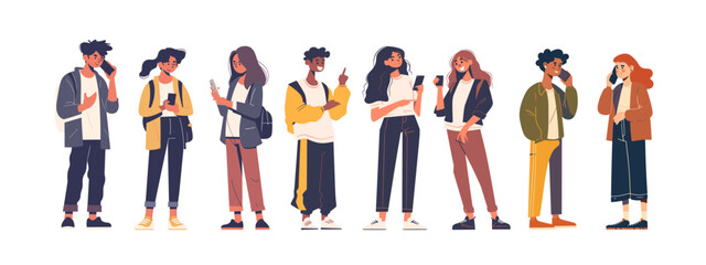 Vector smartphone characters featuring happy people using phones and tablets. Flat cartoon designs of teens chatting or listening to music. Social media icons and gadget illustration.