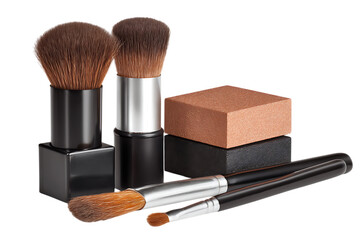 Makeup brush set with kabuki brushes, eyeshadow applicator and bronzer isolated on white or transparent png, showcasing cosmetic tools for beauty applications.