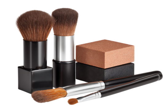 Makeup brush set with kabuki brushes, eyeshadow applicator and bronzer isolated on white or transparent png, showcasing cosmetic tools for beauty applications.