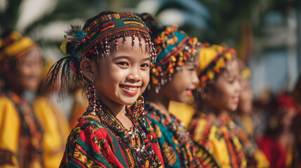 Fototapeta premium Kadayawan Festival, children in colorful tribal outfits participating in cultural dance contest outdoors