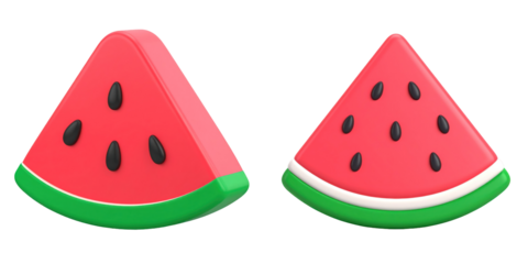 3D Plastic Style Watermelon Slice Icon Red Green and Black Seeds Isolated on Transparent Background