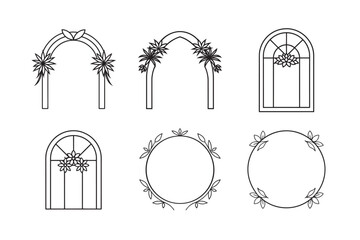 line art Wedding floral arch frame window set.