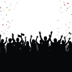 Cheering crowd with confetti and flags people celebration