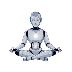A robot sits in a lotus position, meditating with closed eyes, glowing chest and abdomen.