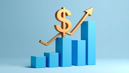 Golden dollar sign atop a white geometric mountain with an upward arrow leading from the base to the summit, symbolizing strategic ascent, economic achievement, and peak financial value.