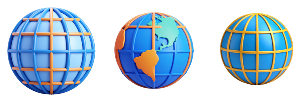 Three Dimensional Plastic Style Globe Icons With Blue And Orange Grid Lines Over Earth Representation On Transparent Background