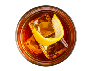 Top-Down View of Godfather Cocktail with Citrus Garnish, Transparent PNG Cutout