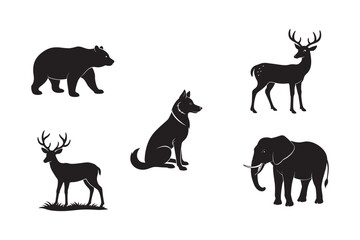 silhouette of beer,deer,elephant and medle in dog set bundle on the white background