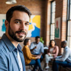 Portrait of a man in a business meeting with diverse group in a modern office setting